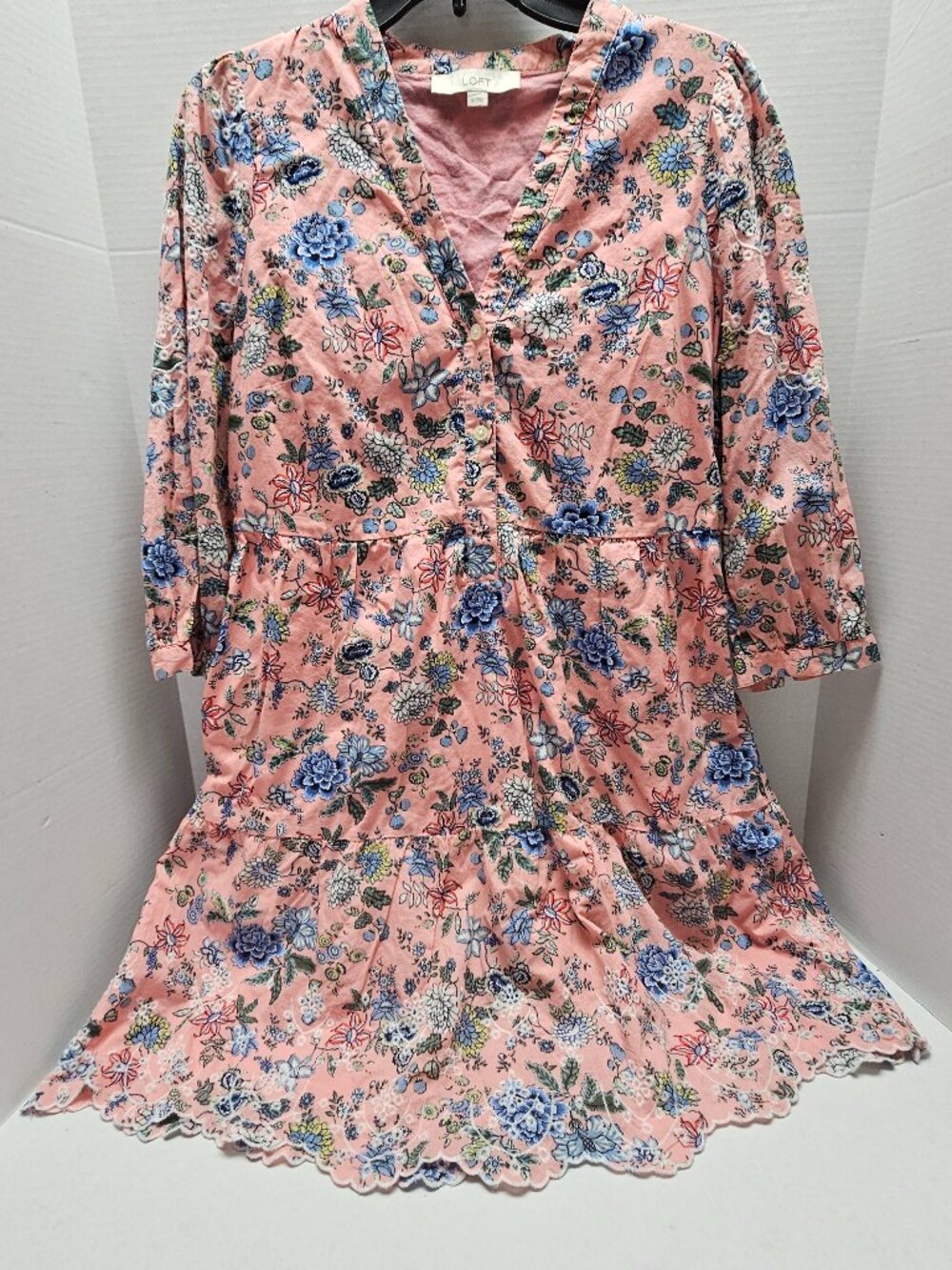 Loft Garden Pink Floral Blue Scalloped Lace Accent Shift Dress 3/4 Sleeve Size 8